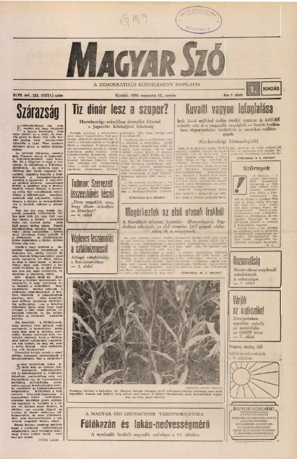 Magyar Szó, 47. évf. 1990. augusztus 15. 223. sz. 1–16. oldal