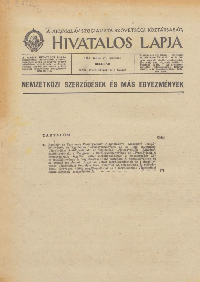 A Jugoszláv Szocialista Szövetségi Köztársaság Hivatalos Lapja, 31. évf. 1975. július 27. 37. sz.