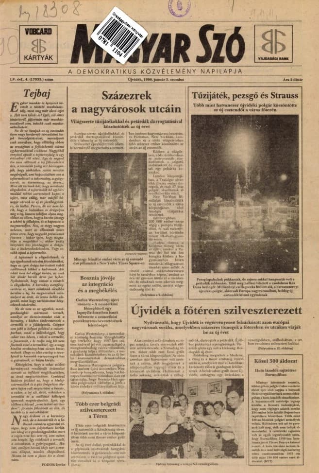 Magyar Szó, 55. évf. 1998. január 3. 4. sz. 1–16. oldal