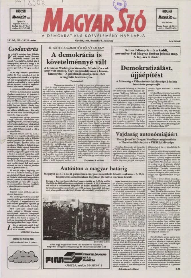 Magyar Szó, 55. évf. 1998. december 6. 289. sz. 1–24. oldal