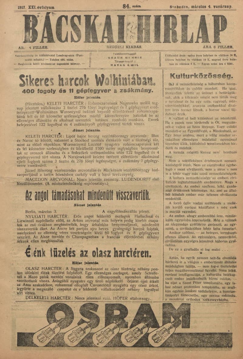 Bácskai Hirlap, 21. évf. 1917. március 4. 84. sz.