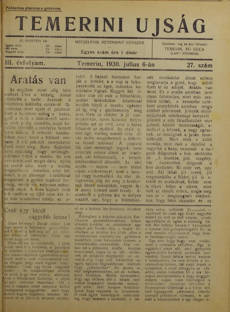 Temerini Újság 1928-1944, 3. évf. 1930. július 6. 27. sz.