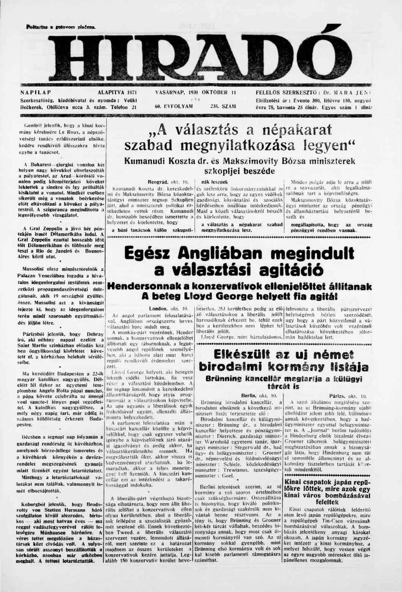 Híradó, 60. évf. 1931. október 11. 235. sz.