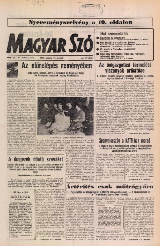 Magyar Szó, 43. évf. 1986. március 14. 71. sz. 1–16. oldal