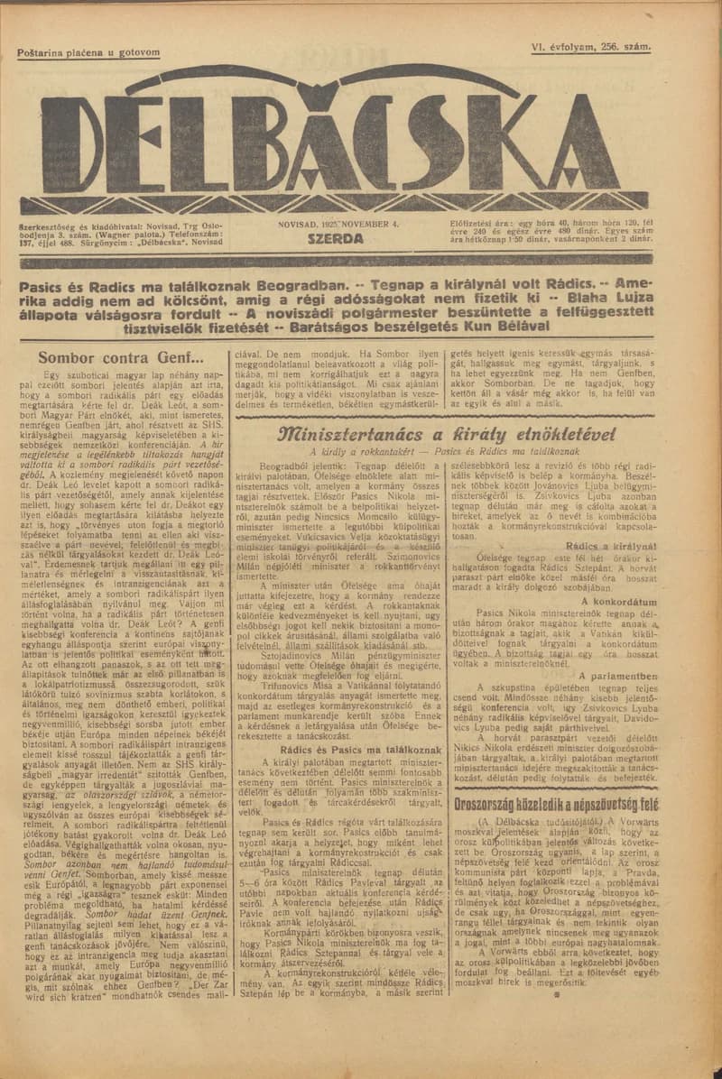 Délbácska, 6. évf. 1925. november 4. 256. sz.