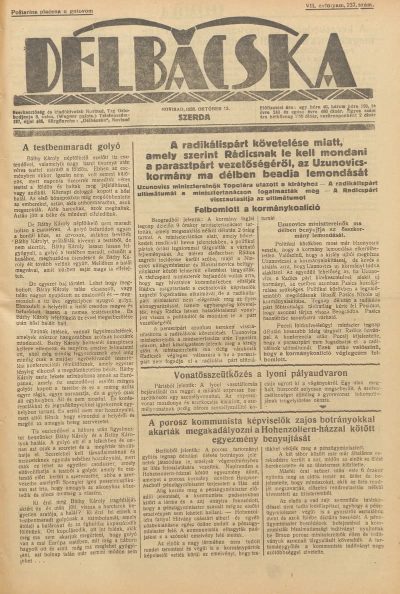 Délbácska, 7. évf. 1926. október 13. 237. sz.