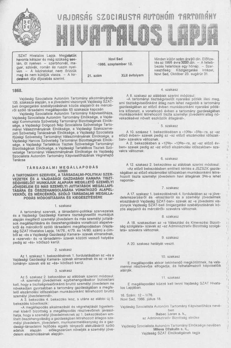 Vajdaság Szocialista Autonóm Tartomány Hivatalos Lapja, 42. évf. 1986. szeptember 12. 21. sz.