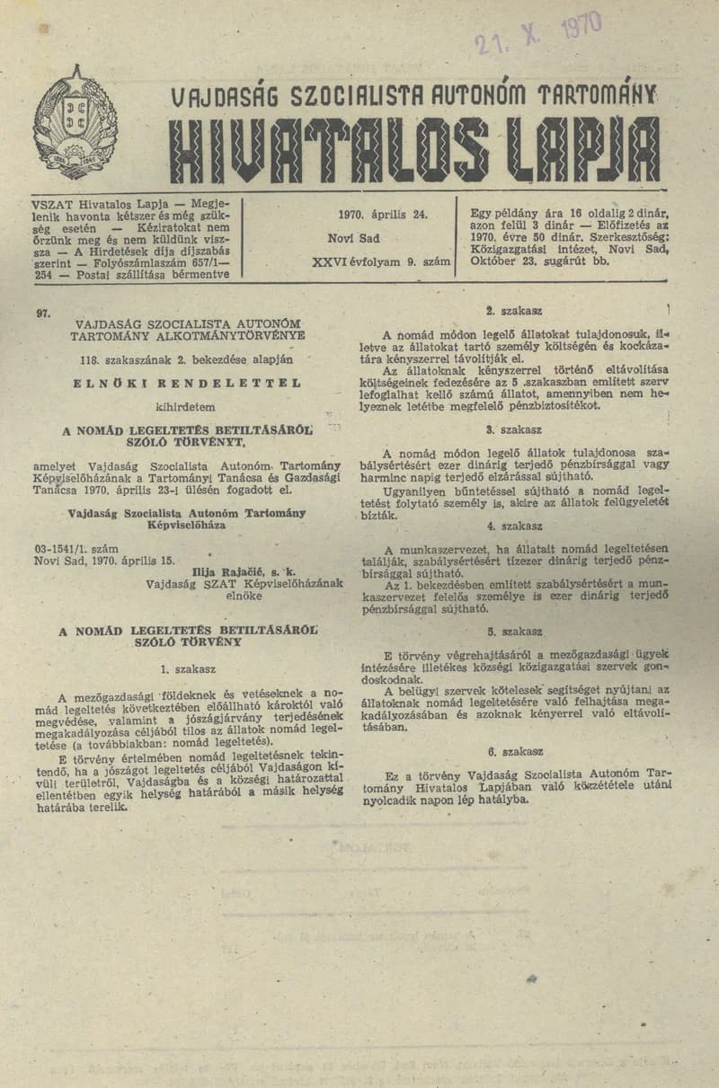 Vajdaság Szocialista Autonóm Tartomány Hivatalos Lapja, 26. évf. 1970. április 24. 9. sz. 117–118. oldal