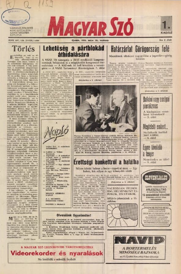 Magyar Szó, 47. évf. 1990. május 20. 136. sz. 1–36. oldal