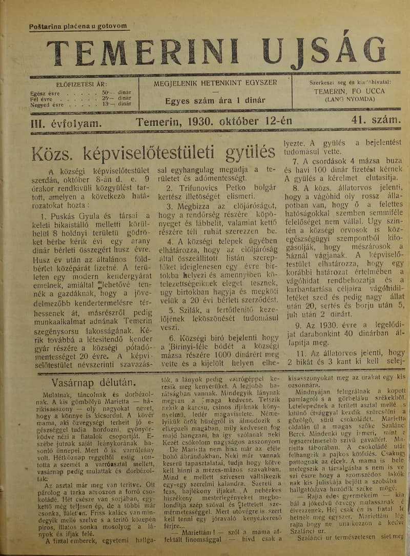 Temerini Újság 1928-1944, 3. évf. 1930. október 12. 41. sz.