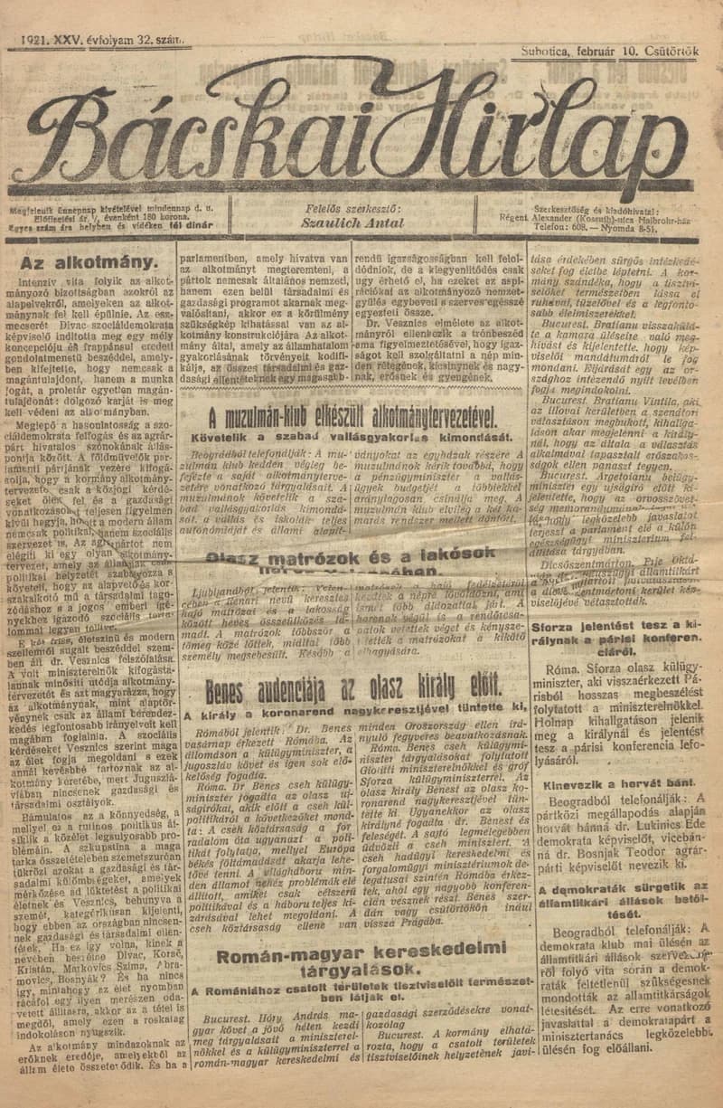 Bácskai Hirlap, 25. évf. 1921. február 10. 32. sz.