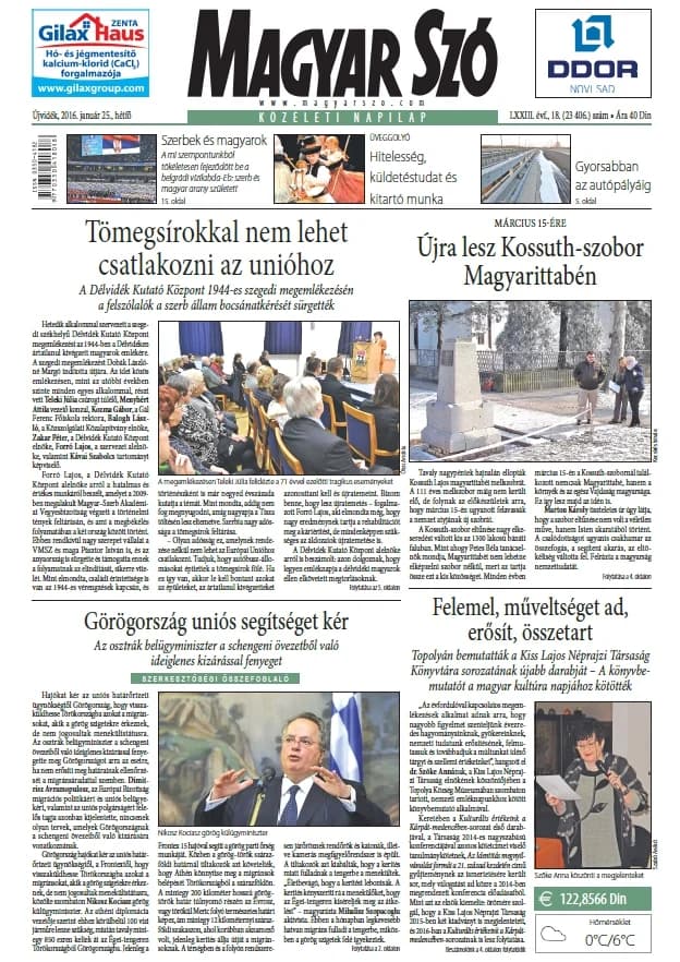 Magyar Szó, 73. évf. 2016. január 25. 18. sz. 1–20. oldal