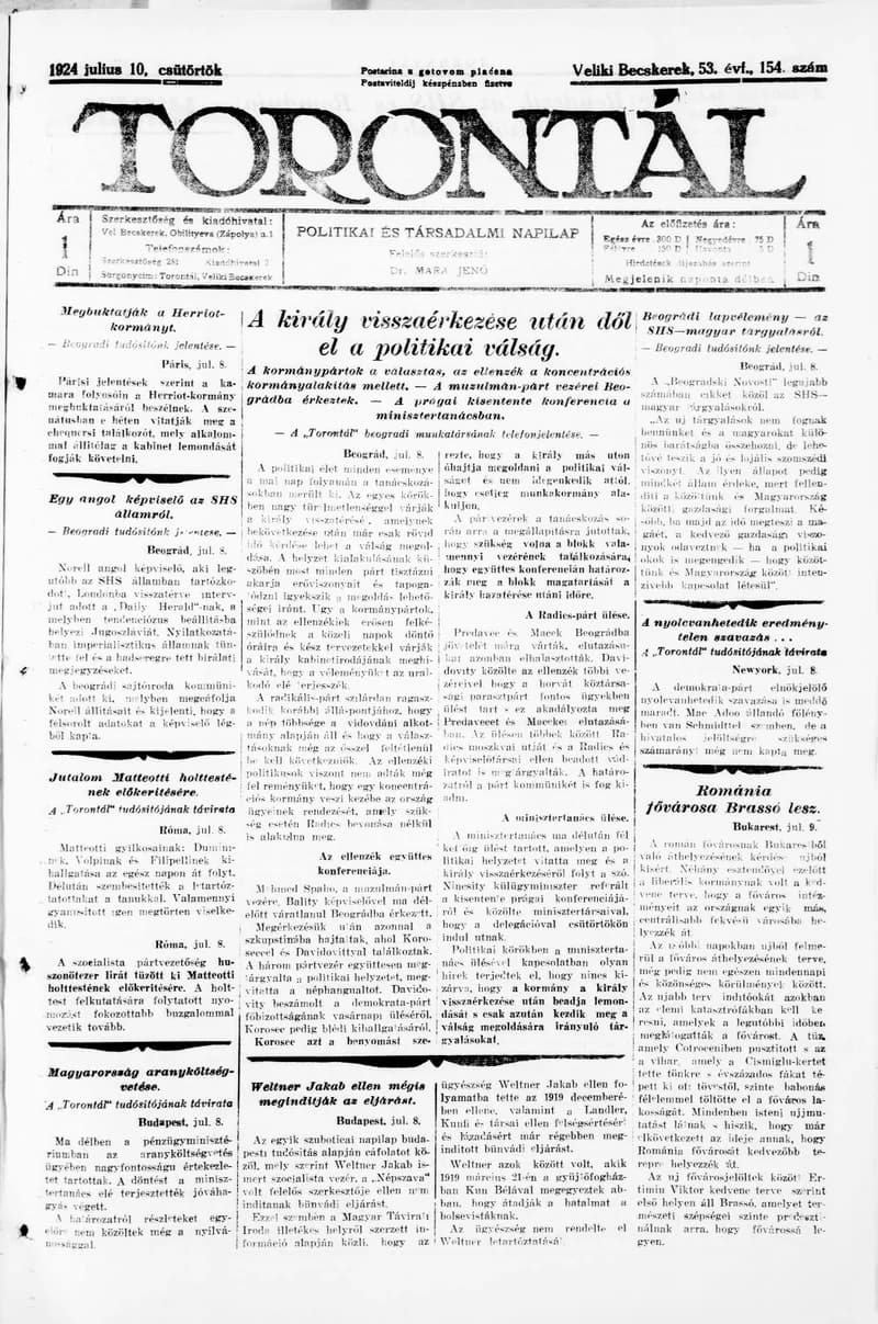 Torontál, 53. évf. 1924. július 10. 154. sz.