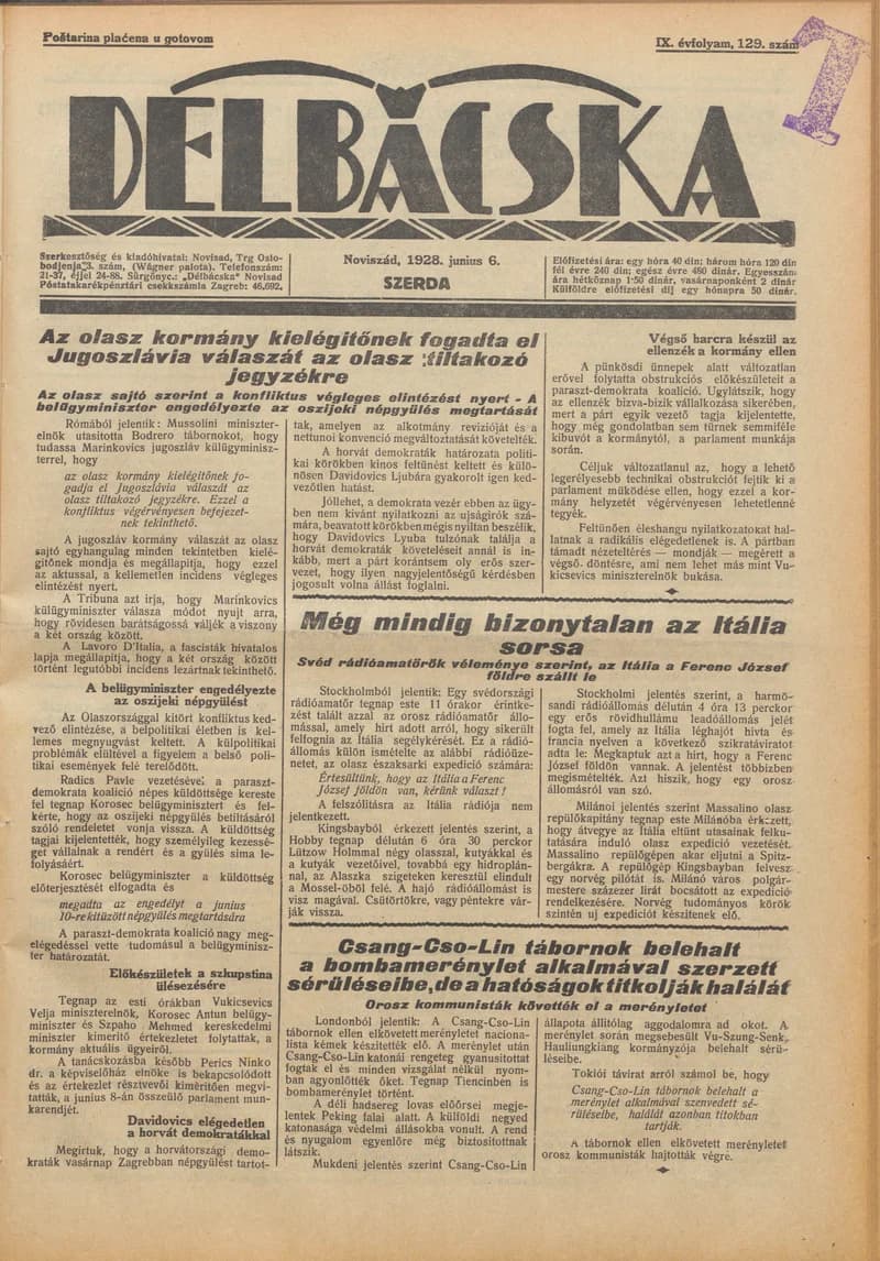 Délbácska, 9. évf. 1928. június 6. 129. sz.