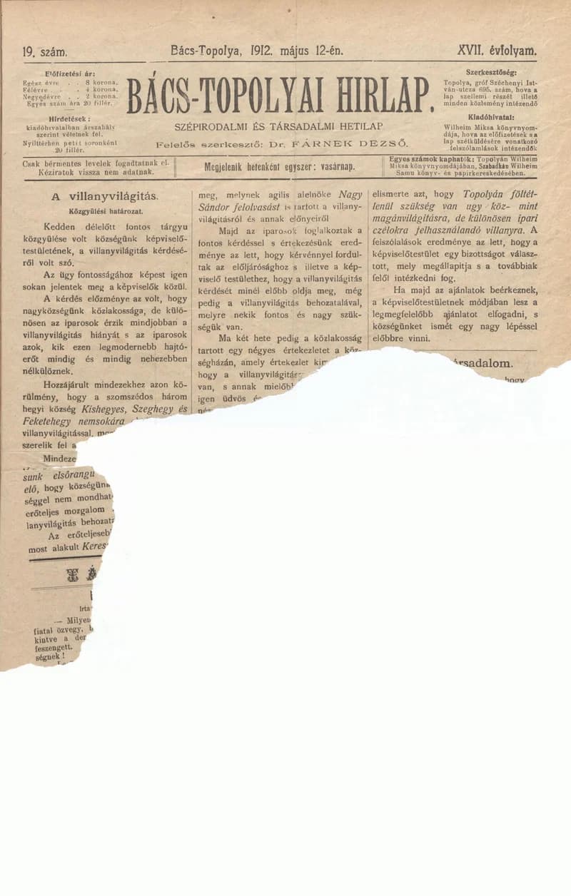 Bács-Topolyai Hirlap, 17. évf. 1912. május 12. 19. sz.