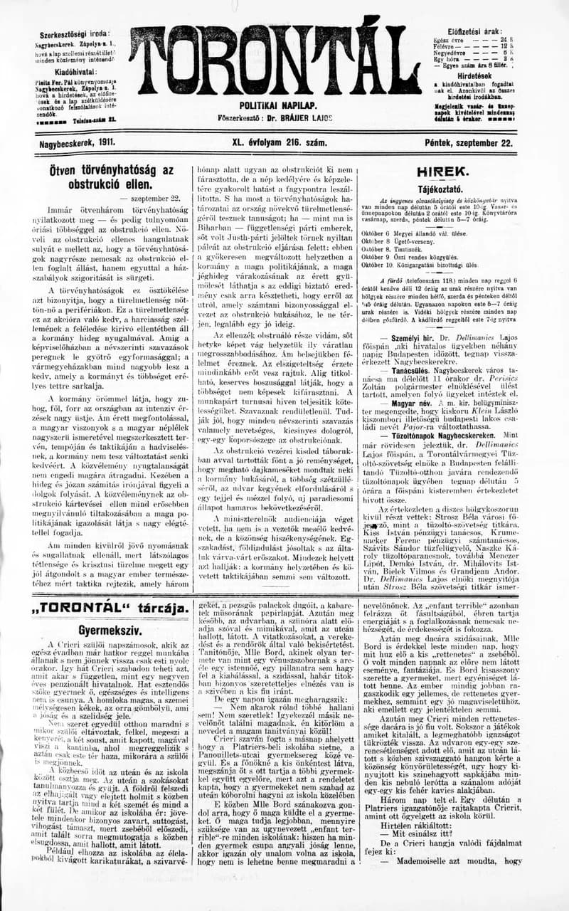 Torontál, 40. évf. 1911. szeptember 20. 216. sz.