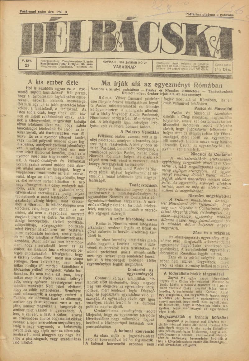 Délbácska, 5. évf. 1924. január 27. 23. sz.