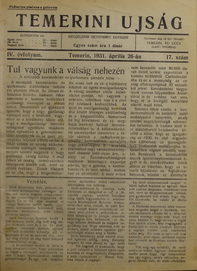 Temerini Újság 1928-1944, 4. évf. 1931. április 26. 17. sz.
