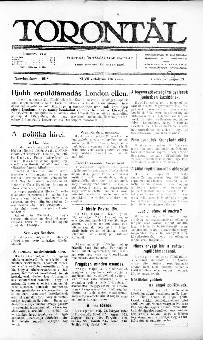 Torontál, 47. évf. 1918. május 23. 116. sz.