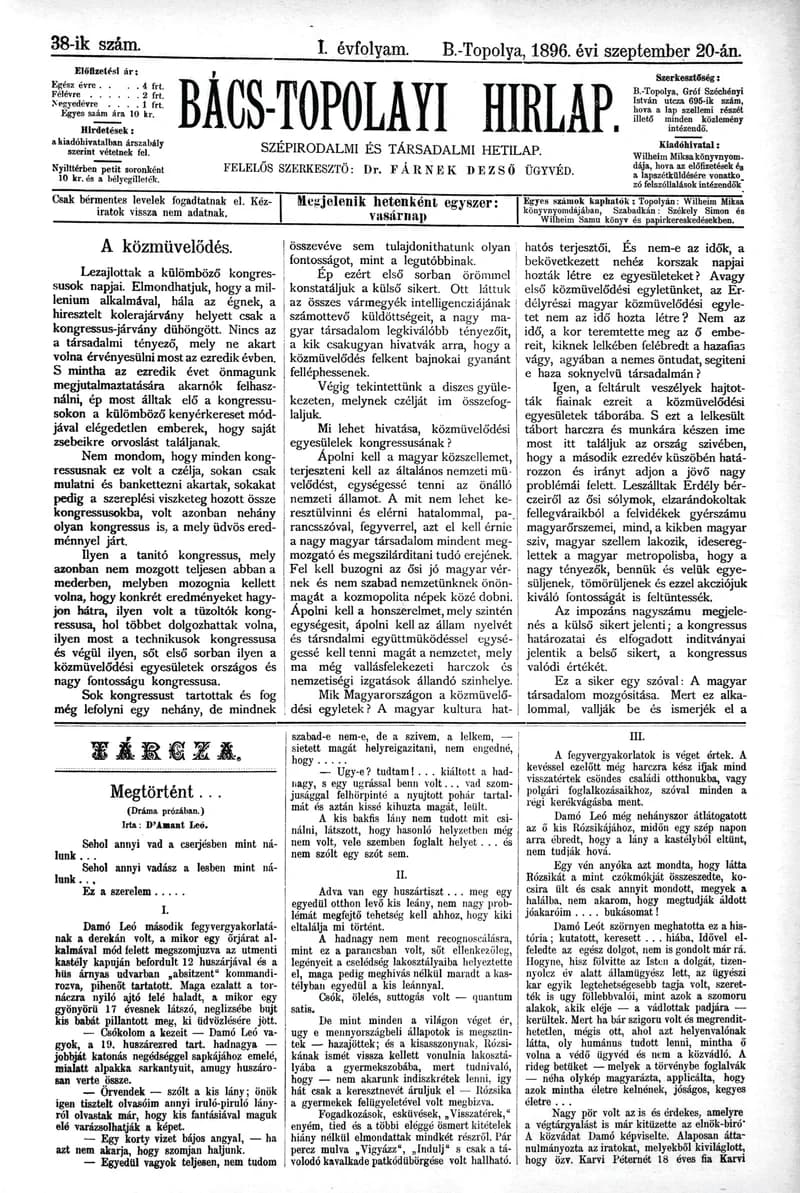 Bács-Topolyai Hirlap, 1. évf. 1896. szeptember 20. 38. sz.