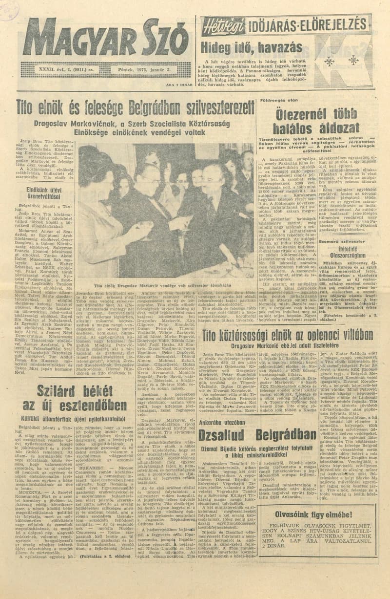 Magyar Szó, 32. évf. 1975. január 3. 1. sz. 1–16. oldal