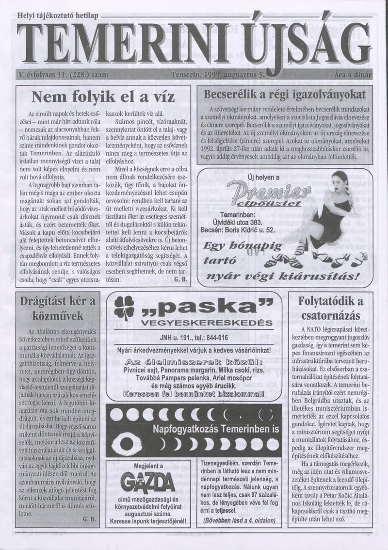 Temerini Újság, 5. évf. 1999. augusztus 5. 31. sz.