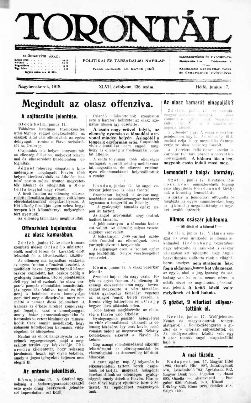Torontál, 47. évf. 1918. június 17. 136. sz.