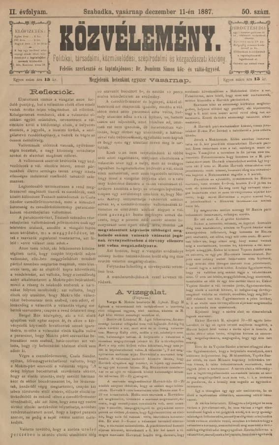 Közvélemény, 2. évf. 1887. december 11. 50. sz.