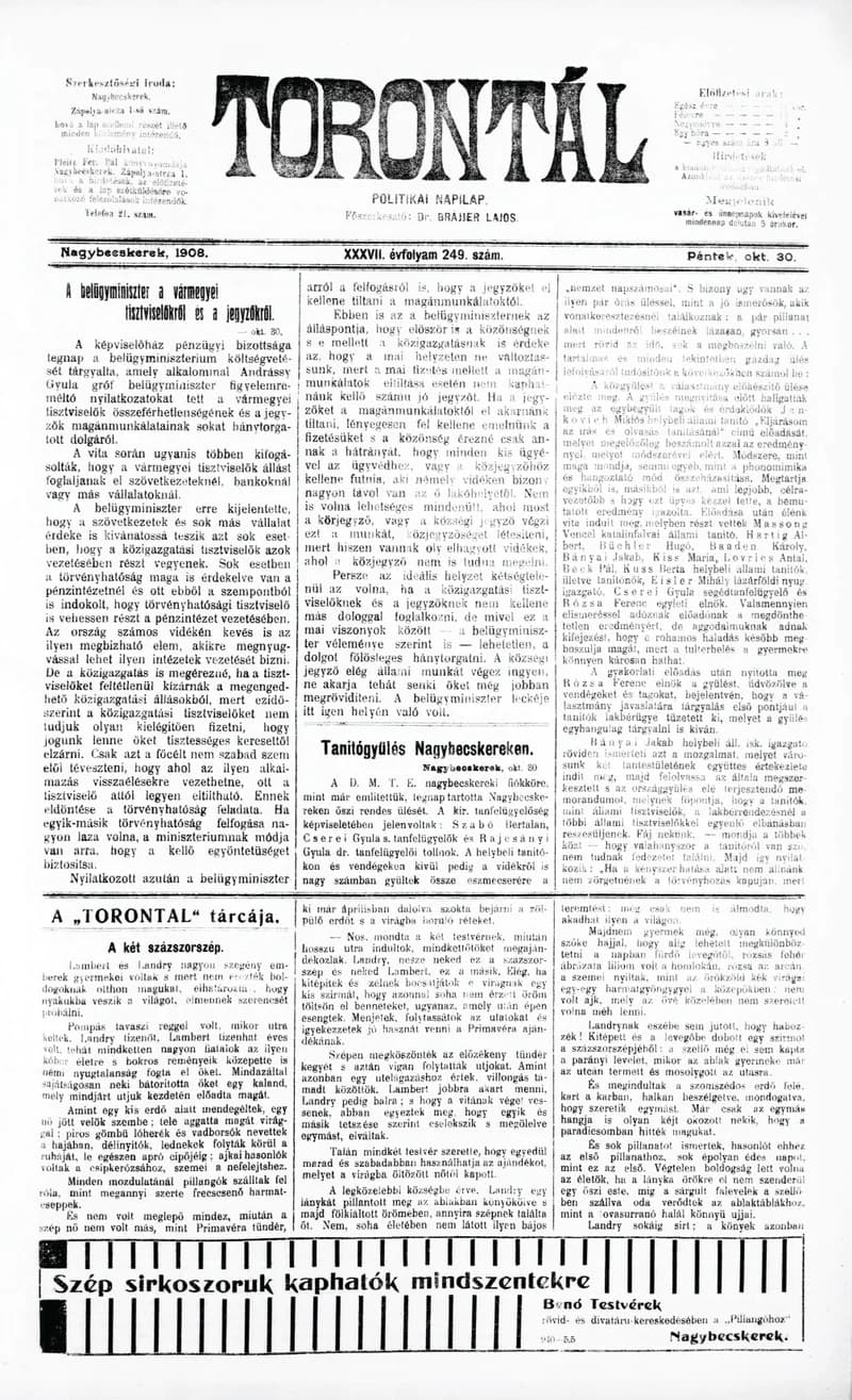 Torontál, 37. évf. 1908. október 30. 249. sz.