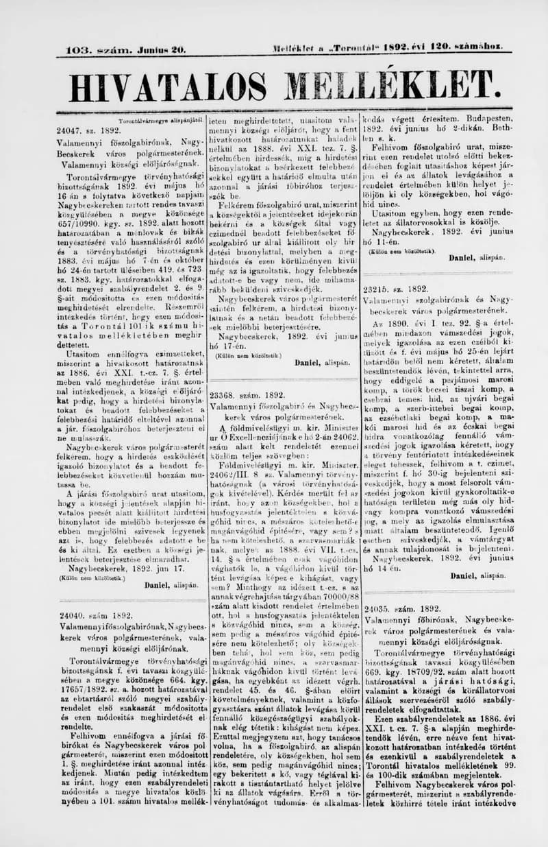 A Totontál  hivatalos melléklete, 5. évf. 1892. június 20. 103. sz.