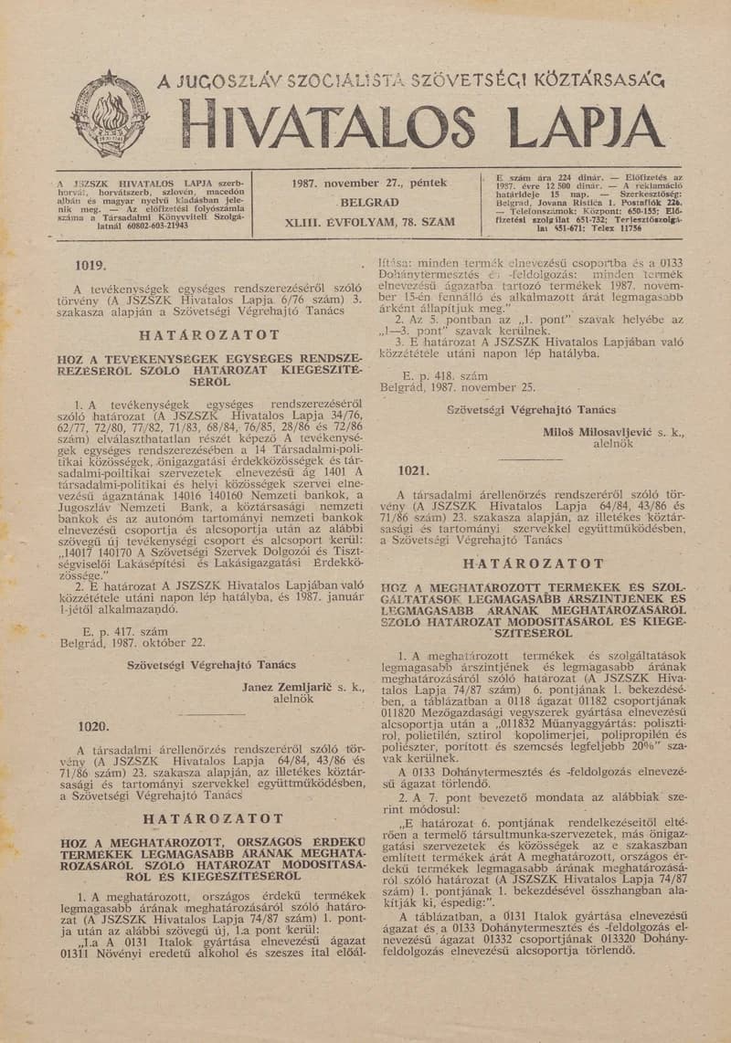 A Jugoszláv Szocialista Szövetségi Köztársaság Hivatalos Lapja, 43. évf. 1987. november 27. 78. sz. 1837–1840. oldal