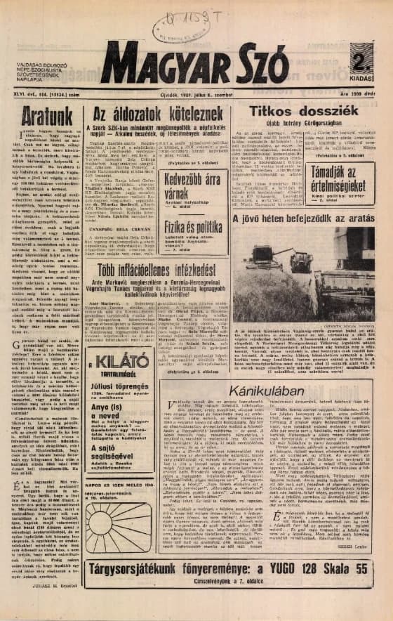 Magyar Szó, 46. évf. 1989. július 8. 184. sz. 1–20. oldal