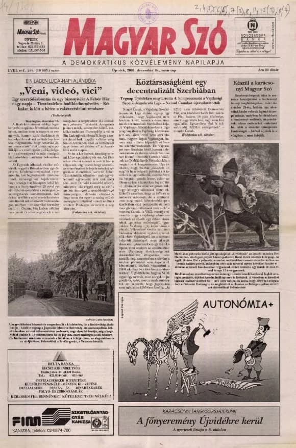 Magyar Szó, 58. évf. 2001. december 16. 289. sz. 1–28. oldal