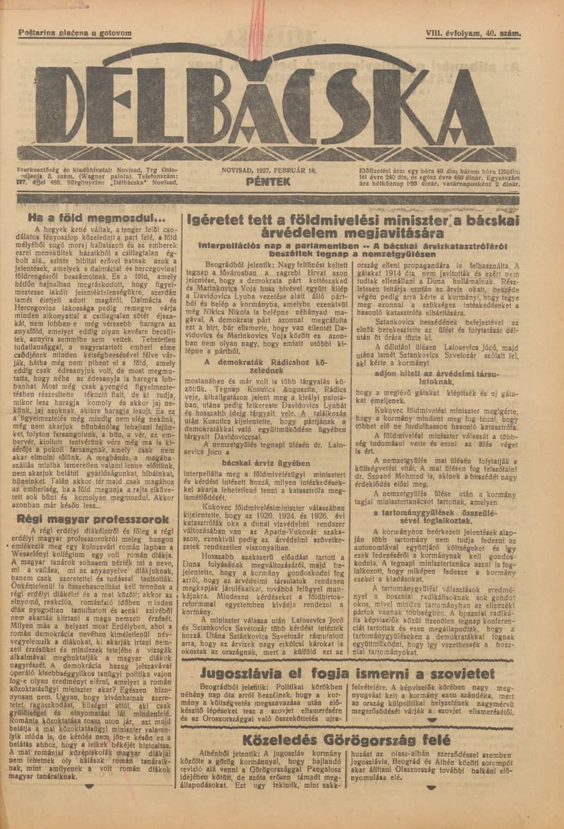 Délbácska, 8. évf. 1927. február 18. 40. sz.