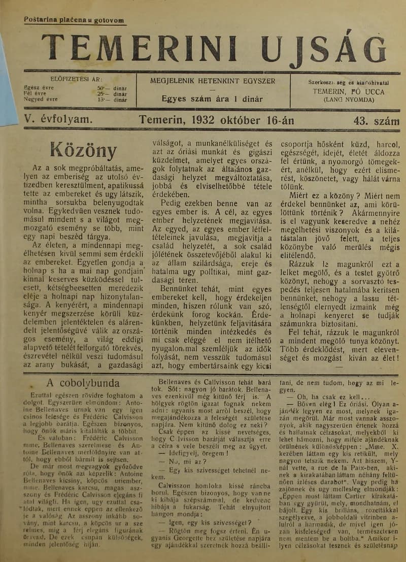 Temerini Újság 1928-1944, 5. évf. 1932. október 16. 43. sz.