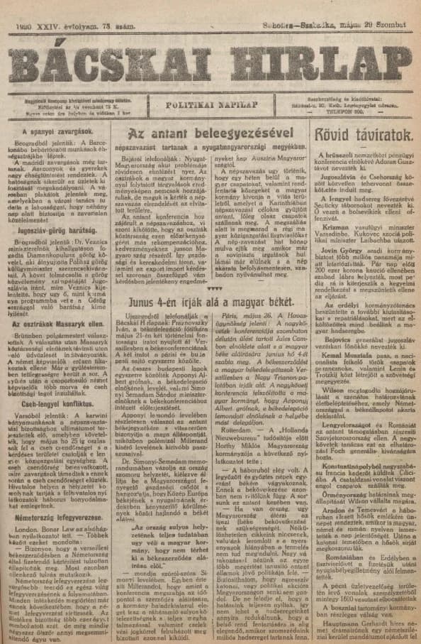Bácskai Hirlap, 24. évf. 1920. május 29. 73. sz.