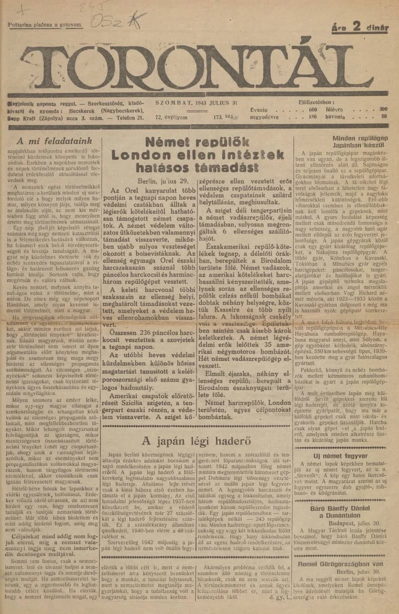 Torontál, 72. évf. 1943. július 31. 173. sz.