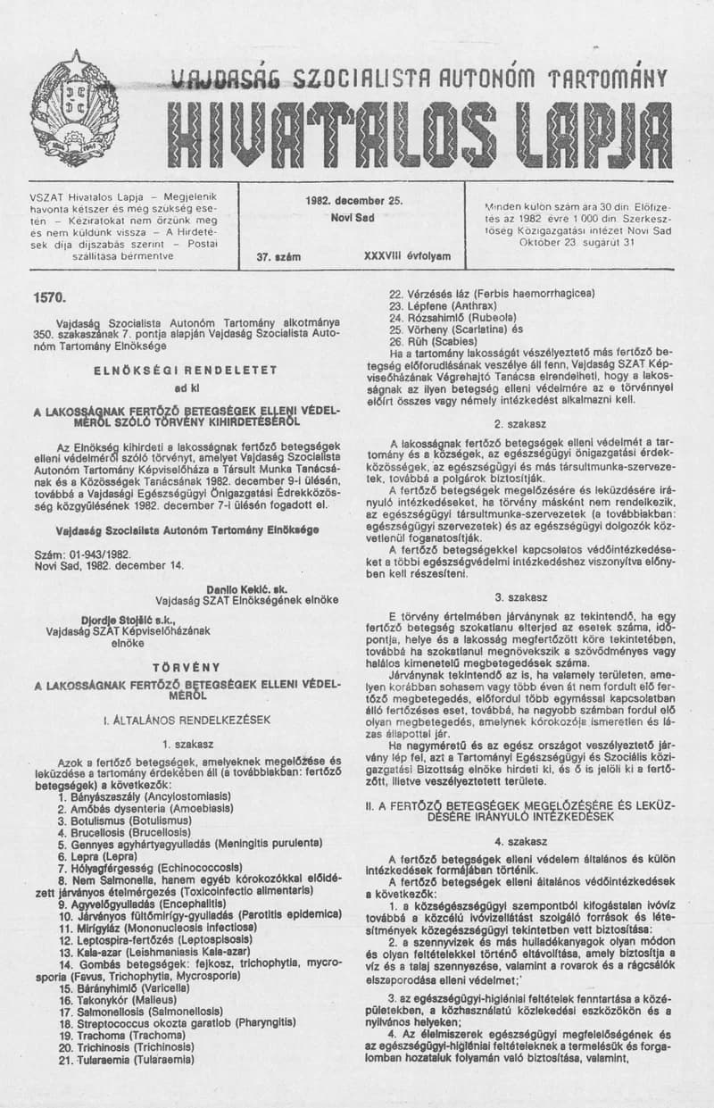 Vajdaság Szocialista Autonóm Tartomány Hivatalos Lapja, 38. évf. 1982. december 25. 37. sz.