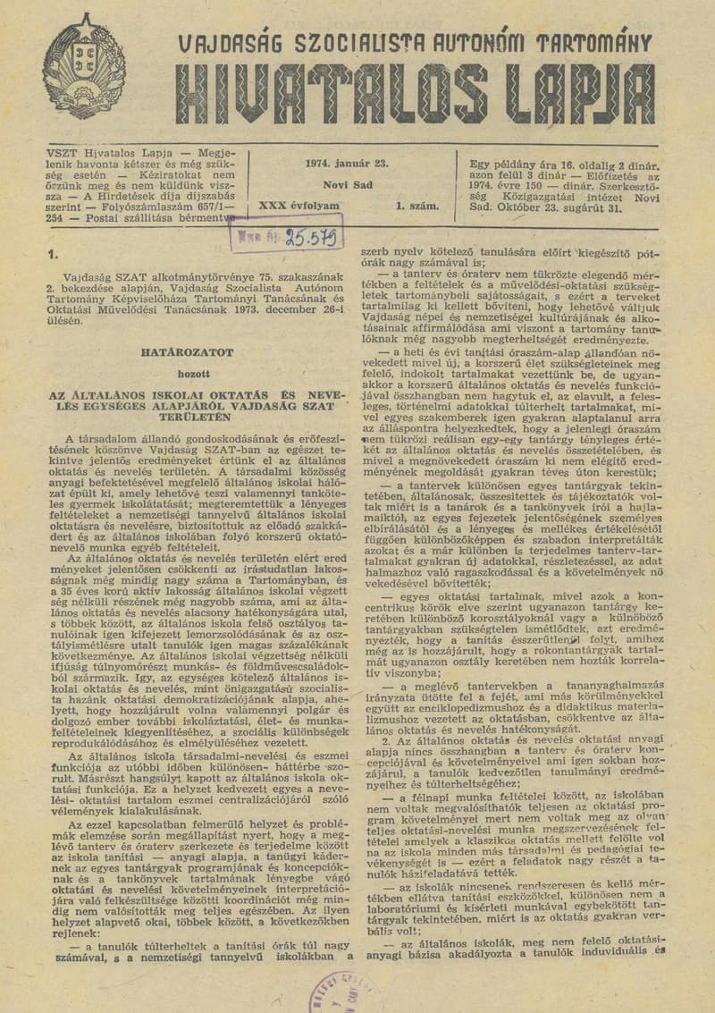 Vajdaság Szocialista Autonóm Tartomány Hivatalos Lapja, 30. évf. 1974. január 23. 1. sz. 1–16. oldal