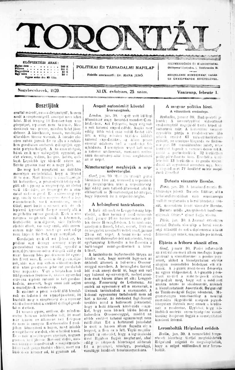 Torontál, 49. évf. 1920. február 1. 25. sz.