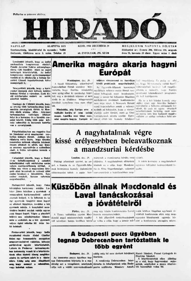 Híradó, 60. évf. 1931. december 29. 298. sz.