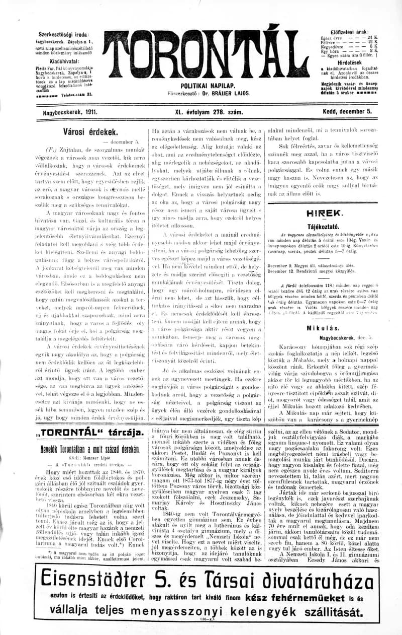Torontál, 40. évf. 1911. december 5. 278. sz.