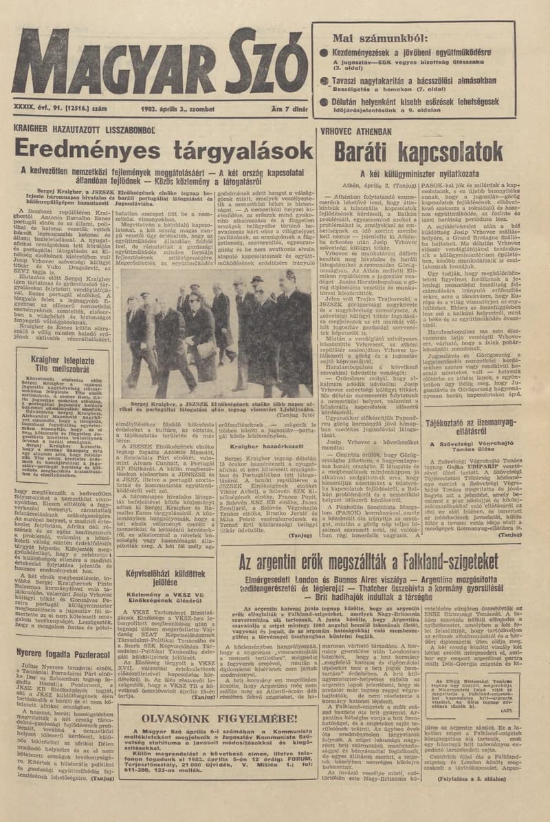 Magyar Szó, 39. évf. 1982. április 3. 91. sz. 1–20. oldal