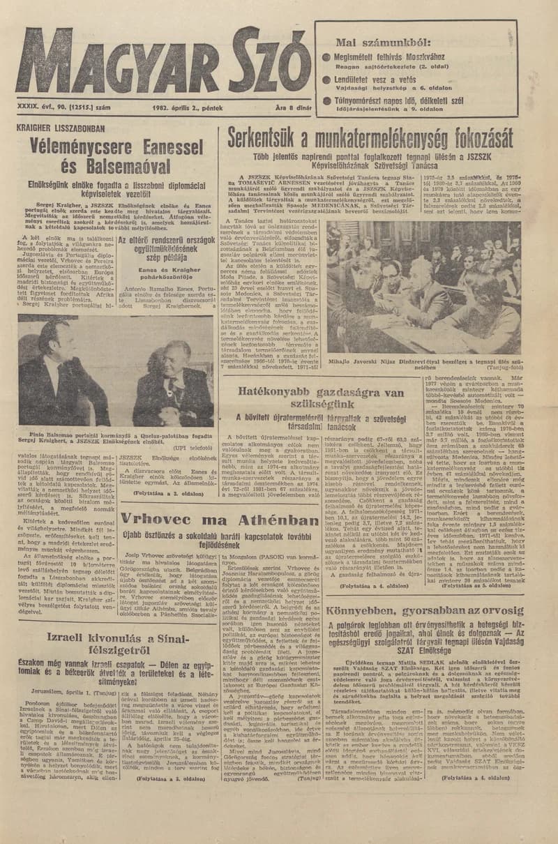 Magyar Szó, 39. évf. 1982. április 2. 90. sz. 1–20. oldal