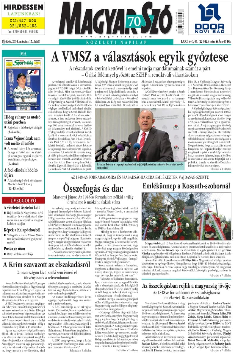 Magyar Szó, 71. évf. 2014. március 17. 61. sz. 1–16. oldal