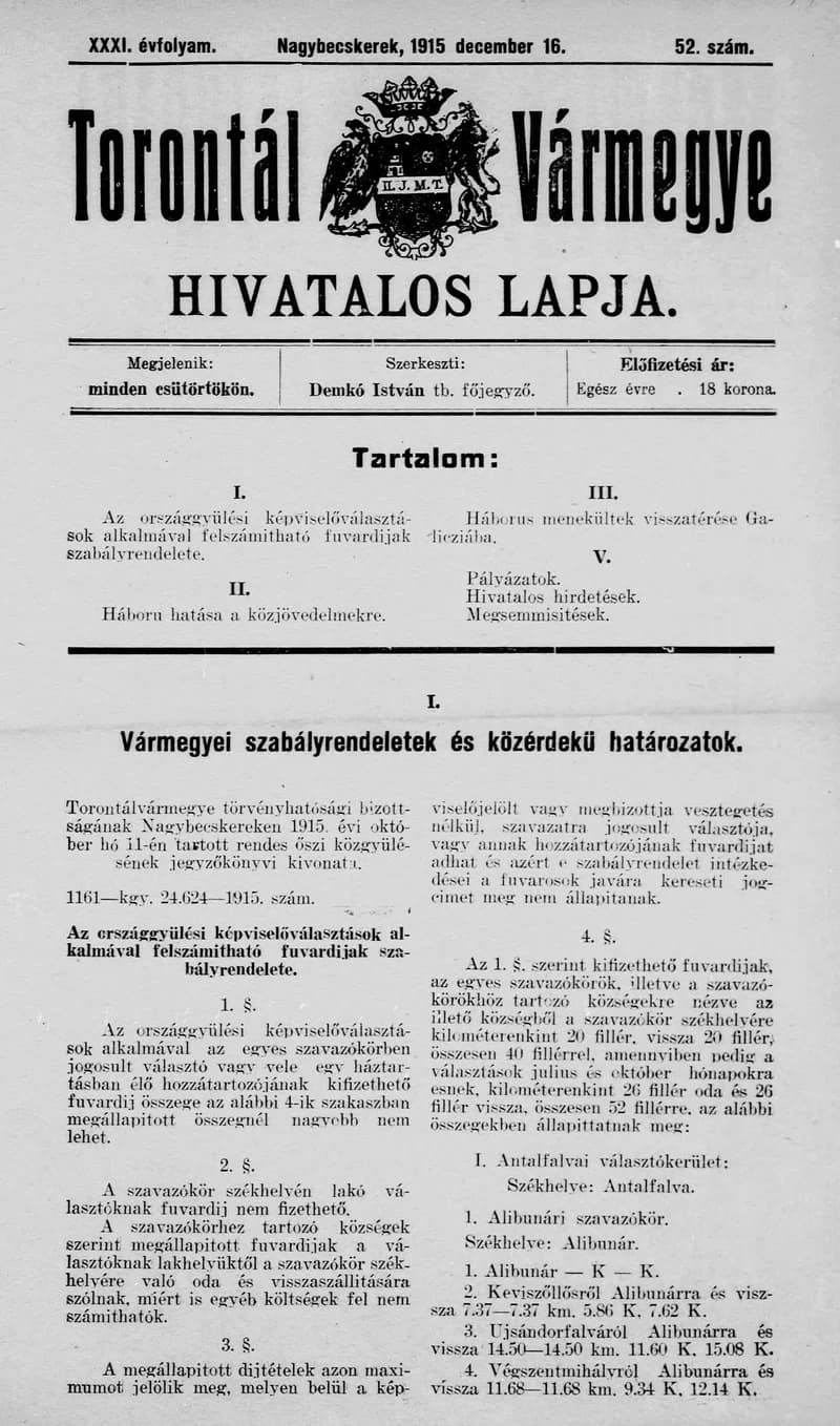 Torontál Vármegye Hivatalos Lapja, 31. évf. 1915. december 16. 52. sz.