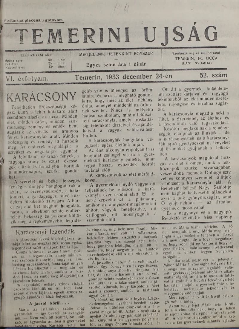 Temerini Újság 1928-1944, 6. évf. 1933. december 24. 52. sz.