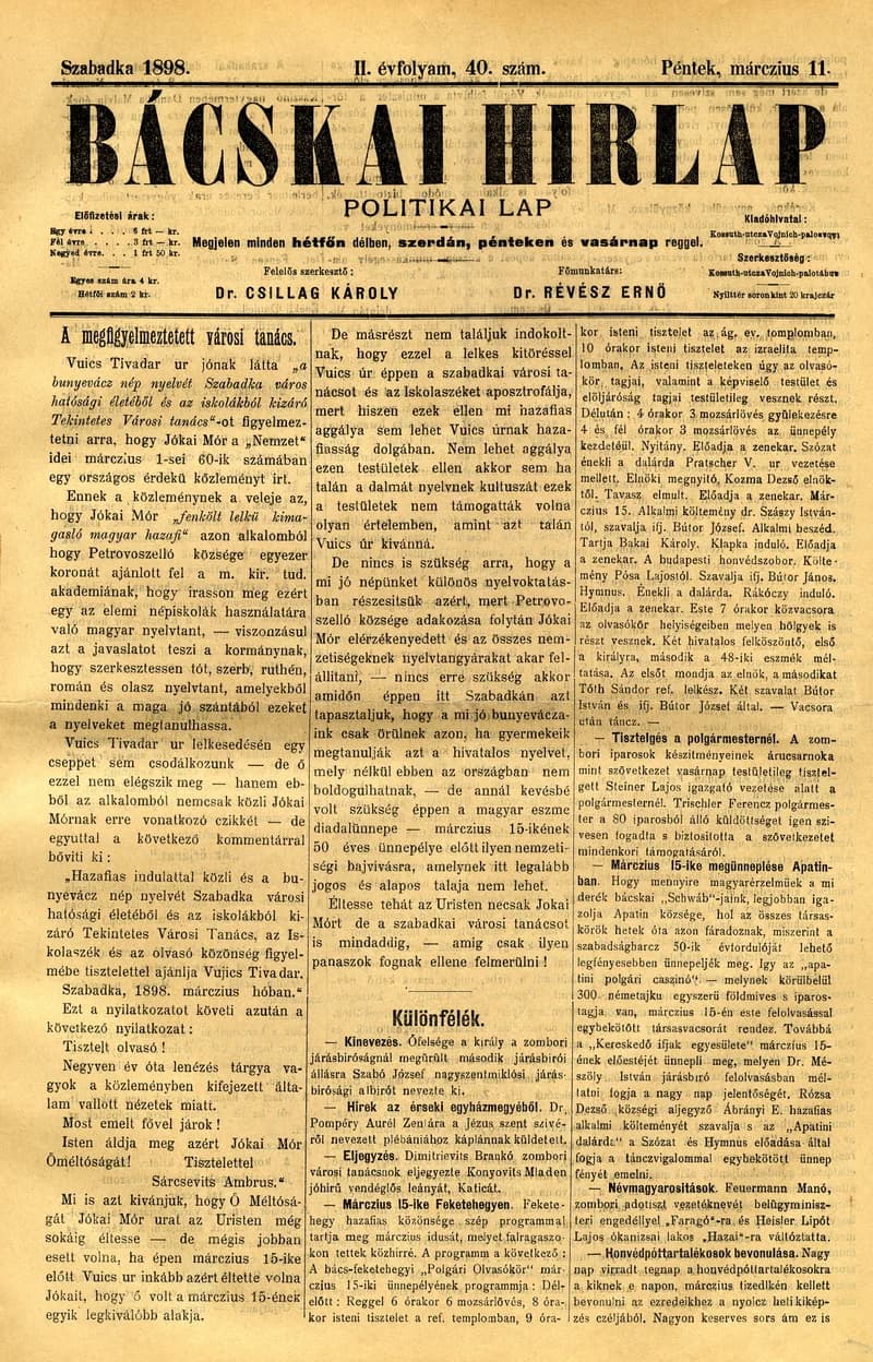 Bácskai Hirlap, 2. évf. 1898. március 11. 40. sz. 1–4. oldal