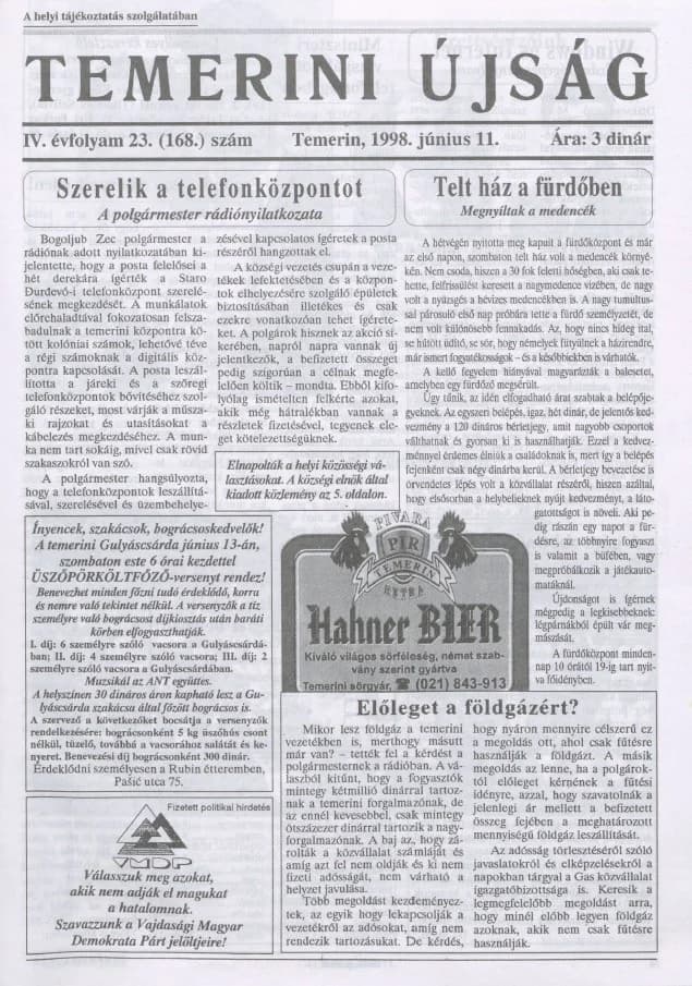 Temerini Újság, 4. évf. 1998. június 11. 23. sz.