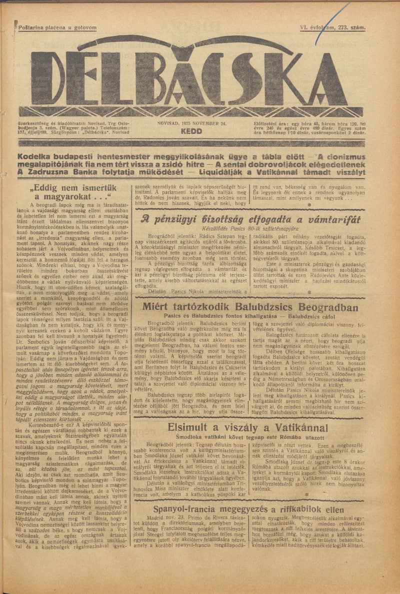 Délbácska, 6. évf. 1925. november 24. 273. sz.